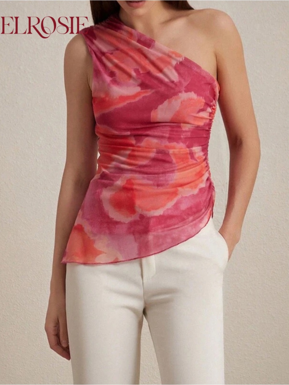 SHEIN One-Shoulder Pink & Orange Watercolor Tank Top
